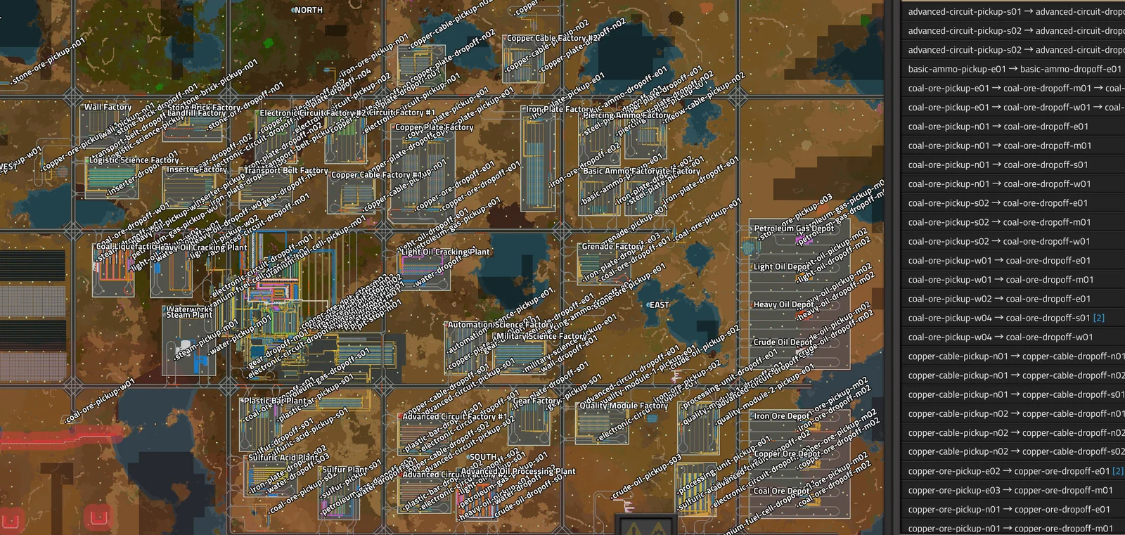 A zoomed-out view of a sprawling Factorio megabase: districted city blocks, a 130-train rail network, individual machines no longer visible